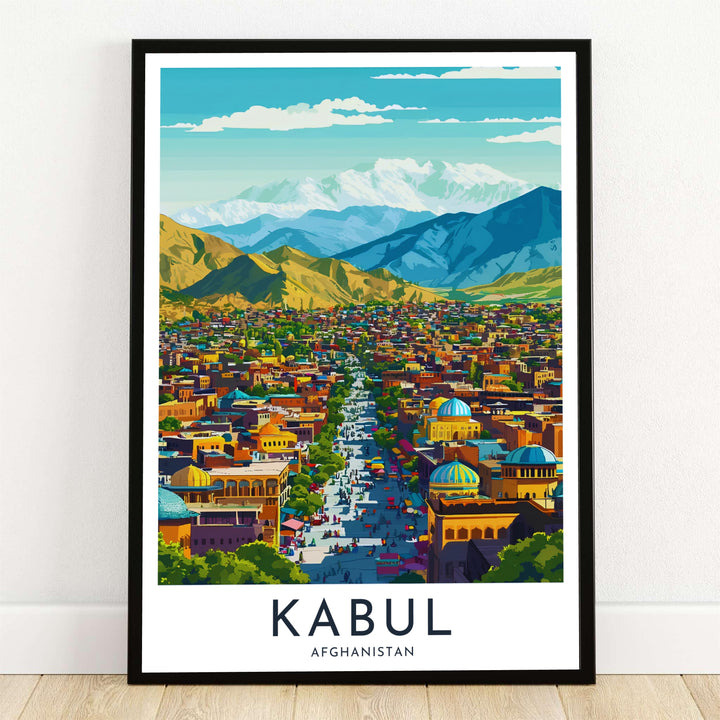 Vintage Kabul Afghanistan illustrated wall art poster displaying a colorful cityscape with turquoise mosque domes and Hindu Kush mountain peaks, offered by MapYourDreams as an unframed art print, stretched canvas wall decor, or framed poster in sleek black frames for modern living rooms.