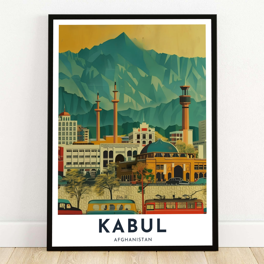 Vintage cityscape art print showing the lively streets and dramatic emerald mountain backdrops of Kabul, Afghanistan. Available at MapYourDreams as an unframed print, a gallery canvas, or a custom framed wall decor piece in natural wood, white, and silver finishes for interior design projects.