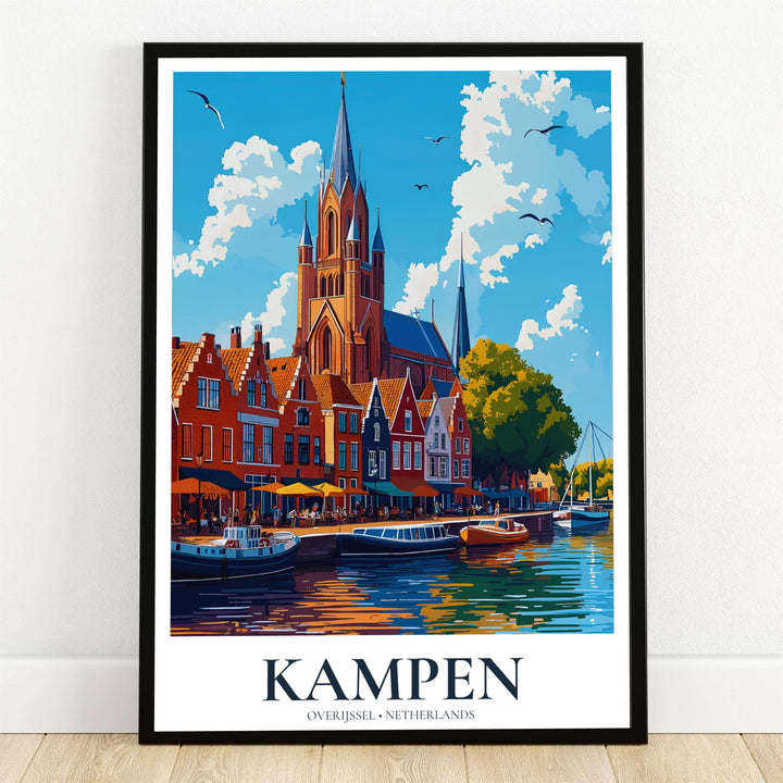 Kampen Overijssel Netherlands poster showcasing a graphic vector art print of the historic Bovenkerk church spire and waterfront merchant houses along the IJssel river, available at MapYourDreams as an unframed fine art paper print, stretched canvas wall decor, or custom framed print.