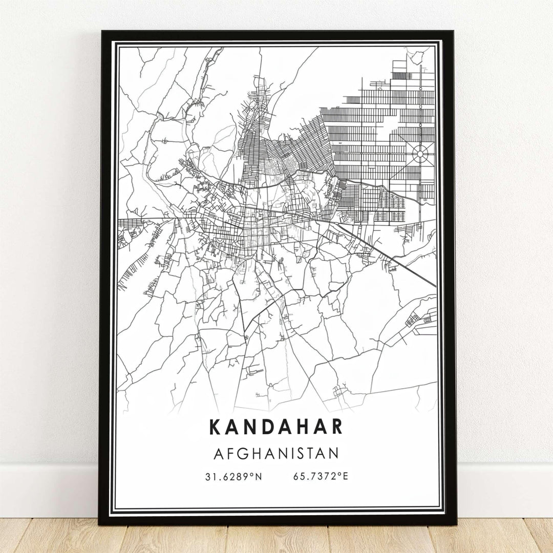Minimalist black and white city street map poster of Kandahar, Afghanistan, displaying detailed vector road lines and geographic coordinates text. MapYourDreams offers this modern map artwork as an unframed art print, a stretched canvas display, or a sleek black framed poster for contemporary office spaces.