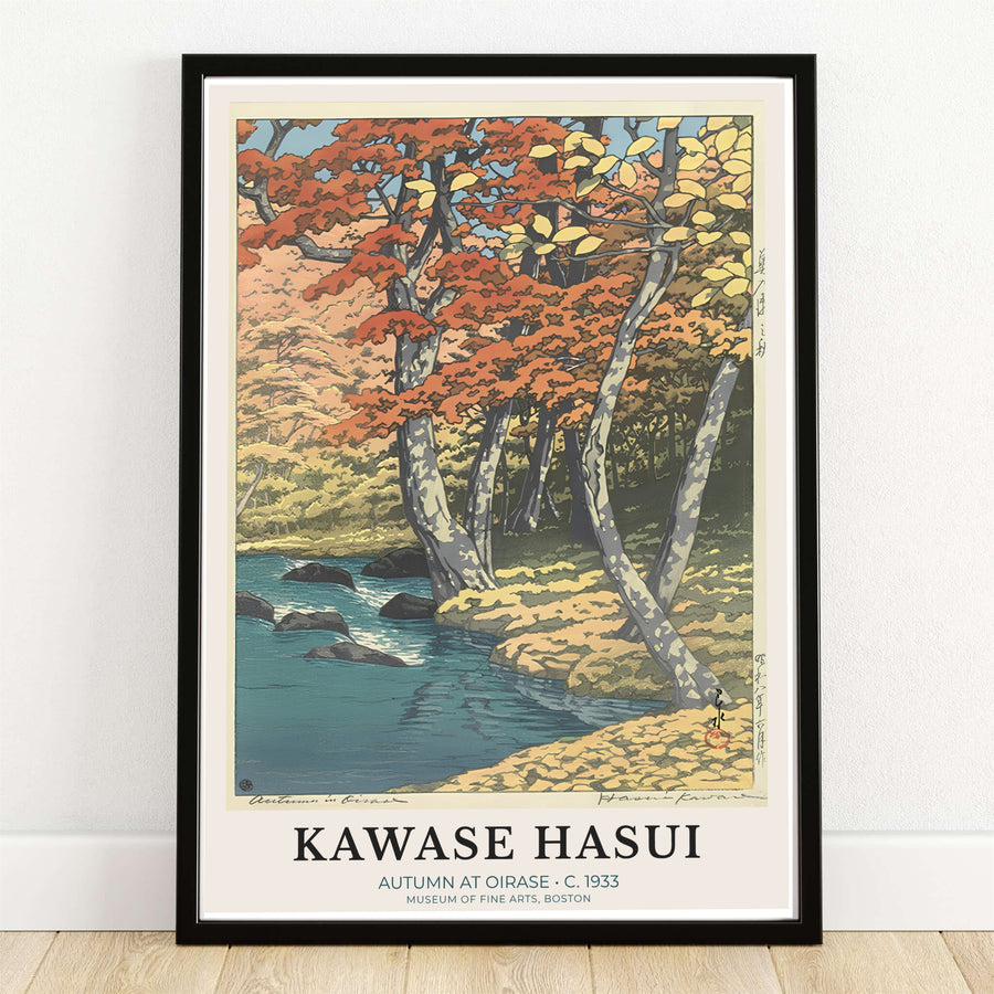 Kawase Hasui Autumn at Oirase 1933 Japanese landscape print of Oirase Mountain Stream by artist Kawase Hasui displaying fiery red and yellow autumn leaves over rushing water at Oirase Mountain Stream. MapYourDreams offers framed, unframed paper, and canvas wall art options.