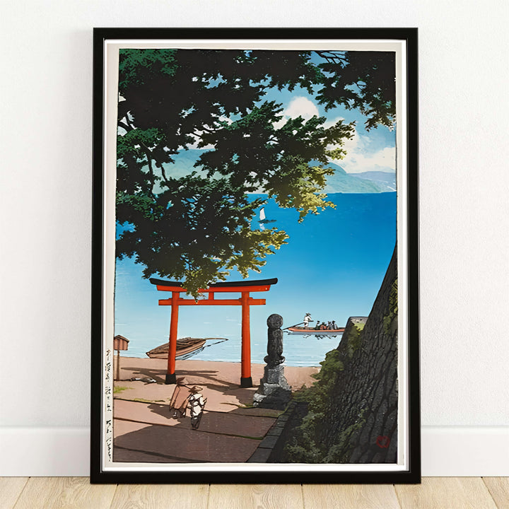Kawase Hasui Lake Biwa 1931 Japanese landscape print of Lake Biwa by artist Kawase Hasui displaying a red Shinto torii gate on the shoreline near blue water at Lake Biwa. MapYourDreams offers framed, unframed paper, and canvas wall art options.