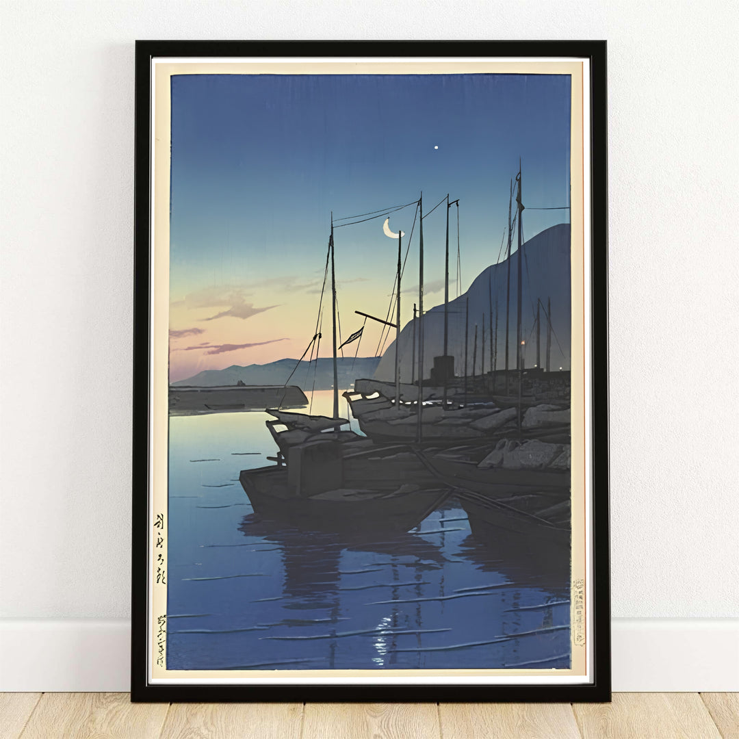 Kawase Hasui Morning in Beppu 1928 Japanese print of Morning in Beppu by artist Kawase Hasui displaying anchored boats under a crescent moon at Morning in Beppu. MapYourDreams offers framed, unframed paper, and canvas wall art options.