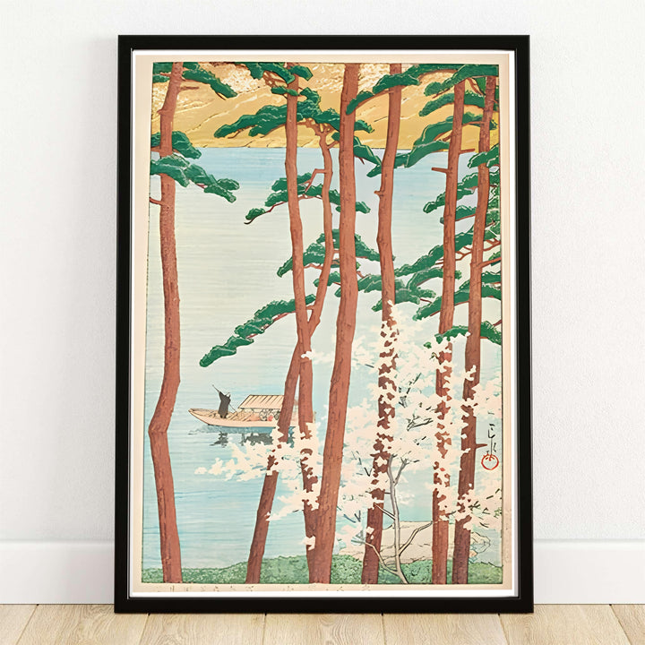 Japanese historic travel print Spring at Arashiyama Kyoto with cherry blossoms by artist Kawase Hasui inspired by seasonal nature at Spring at Arashiyama Kyoto. MapYourDreams offers versatile framed, unframed, and canvas print wall decor formats.