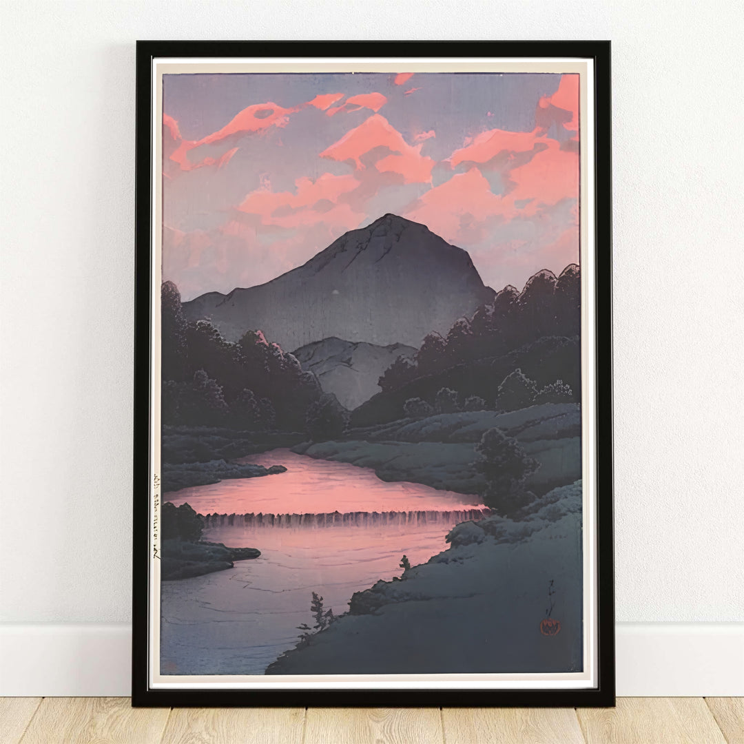 Japanese historic travel print Sunset at Oirase with glowing river reflections by artist Kawase Hasui inspired by twilight mountains at Sunset at Oirase. MapYourDreams offers versatile framed, unframed, and canvas print wall decor formats.