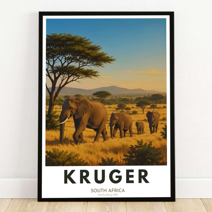 Captivating South Africa safari landscape artwork depicting elephants in savanna nature under a bright blue open sky. Offered by MapYourDreams, this artwork is available in flexible options including unframed paper, custom wooden frames, and gallery canvas wraps for rustic or modern spaces.