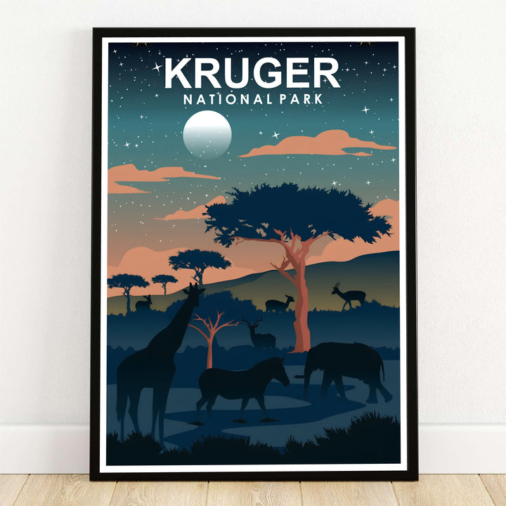 Dramatic nocturnal safari landscape illustration featuring elephants, giraffes, zebras, and antelopes under a starlit African night. Offered by MapYourDreams, this artwork is available in flexible options including unframed paper, custom wooden frames, and gallery canvas wraps for tailored home wall decor setups.