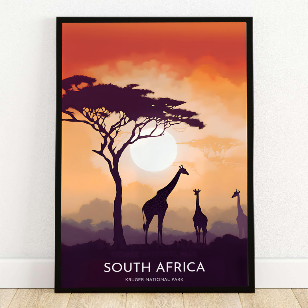 Vintage style safari art print depicting giraffes standing beneath a setting sun in the golden savanna of Kruger National Park. Offered by MapYourDreams, this artwork is available in flexible options including unframed paper, custom wooden frames, and gallery canvas wraps for tailored home wall decor setups.