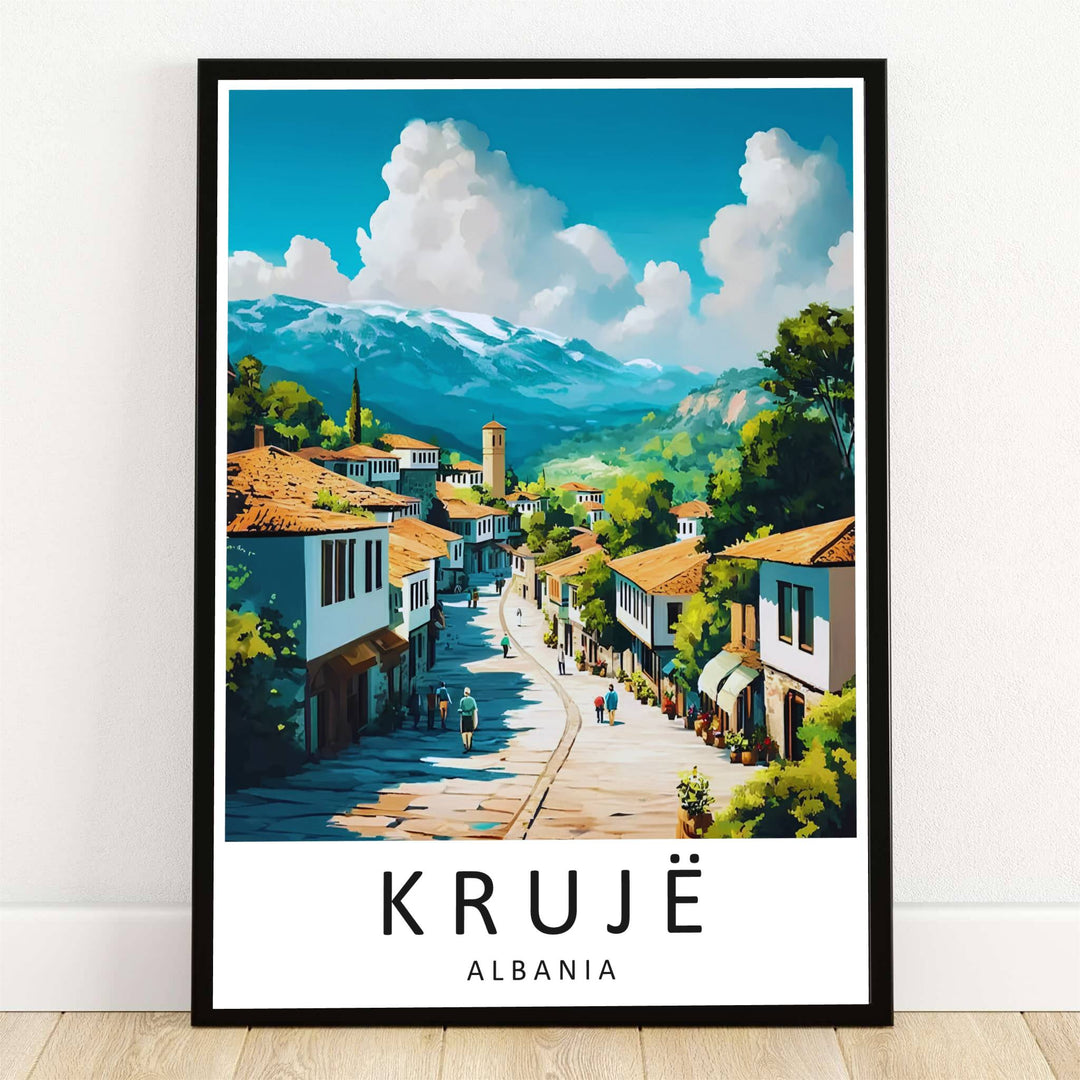 Sunlit cobblestone streets curve through the historic Old Bazaar of Krujë, Albania, flanked by traditional Ottoman stone houses and soaring mountain peaks. Offered by MapYourDreams, this artwork is available in flexible options including unframed paper, custom wooden frames, and gallery canvas wraps.