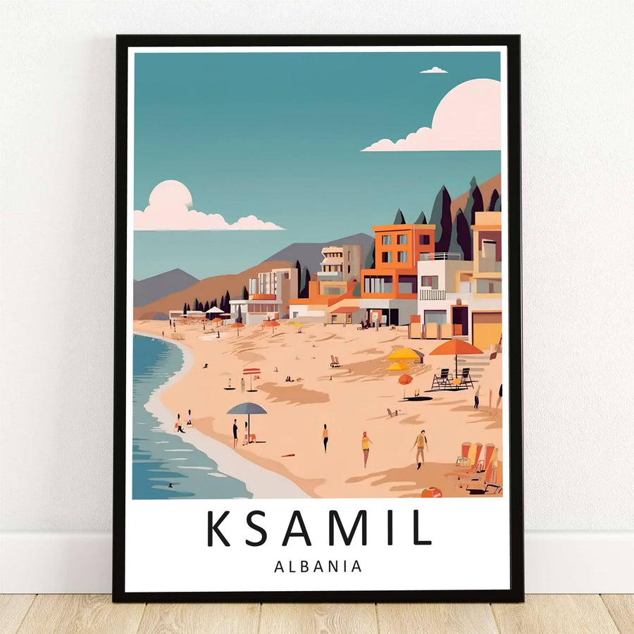 Warm sandy beaches and colorful umbrellas line the shore of Ksamil, Albania, where vibrant resort villas overlook the turquoise Ionian Sea in this retro poster. Offered by MapYourDreams, this artwork is available in flexible options including unframed paper, custom wooden frames, and gallery canvas wraps.