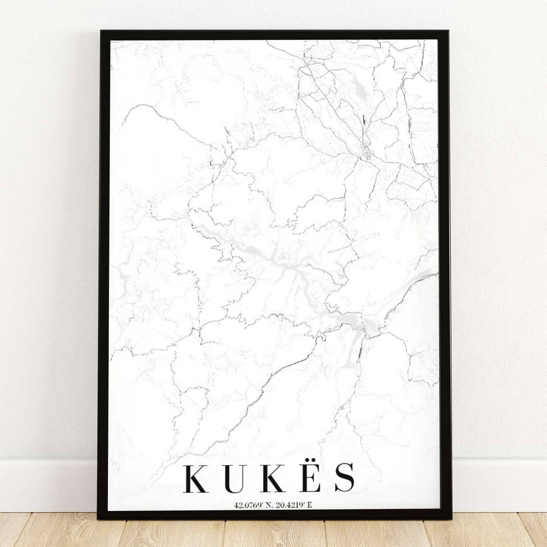 Minimalist black linework outlines the mountain roads and riverways of Kukës, Albania, in this crisp white map poster. Offered by MapYourDreams, this artwork is available in flexible options including unframed paper, custom wooden frames, and gallery canvas wraps.