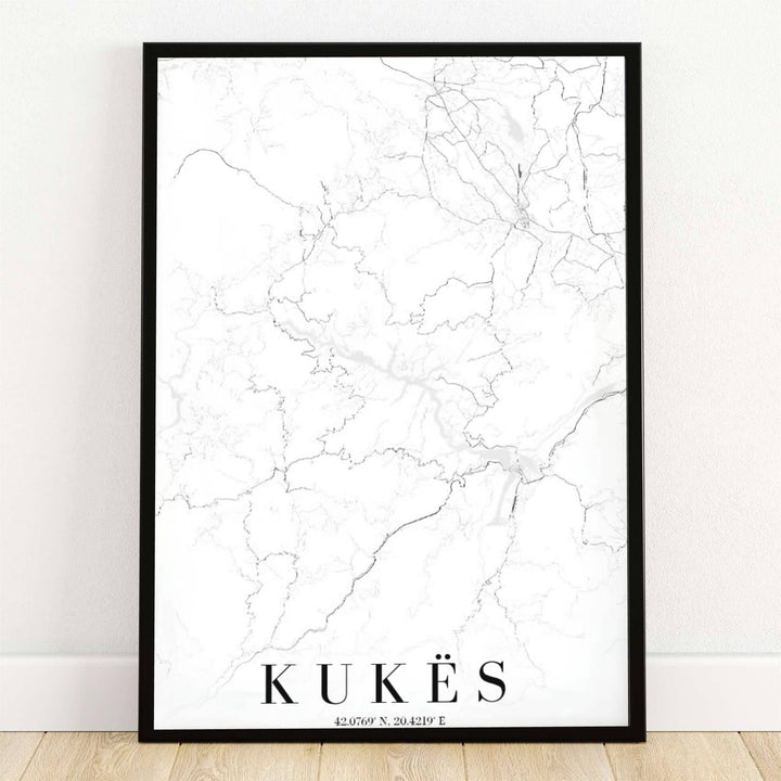 Minimalist black linework outlines the mountain roads and riverways of Kukës, Albania, in this crisp white map poster. Offered by MapYourDreams, this artwork is available in flexible options including unframed paper, custom wooden frames, and gallery canvas wraps.