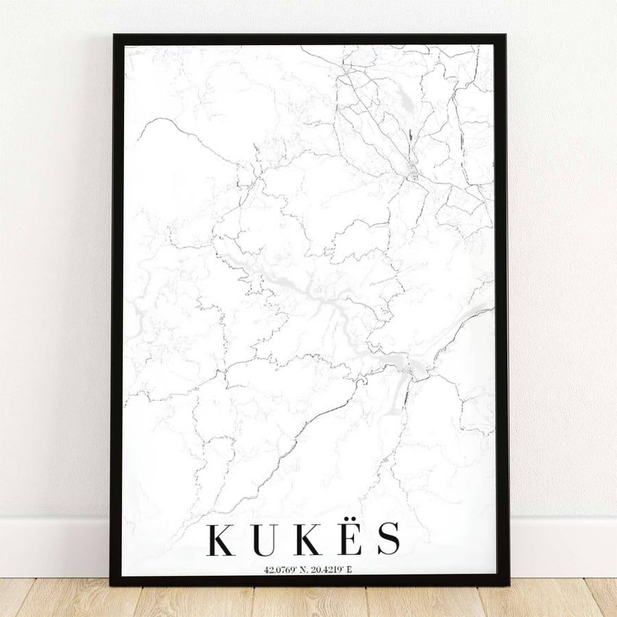 Minimalist black linework outlines the mountain roads and riverways of Kukës, Albania, in this crisp white map poster. Offered by MapYourDreams, this artwork is available in flexible options including unframed paper, custom wooden frames, and gallery canvas wraps.