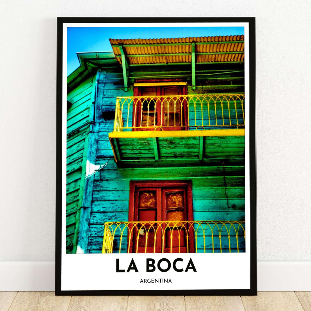 La Boca Buenos Aires photography print showing colorful wooden siding, yellow balcony railings, and red window frames on El Caminito. Crafted by MapYourDreams, this design can be ordered as borderless archival paper, custom wooden frames, or gallery canvas wraps.