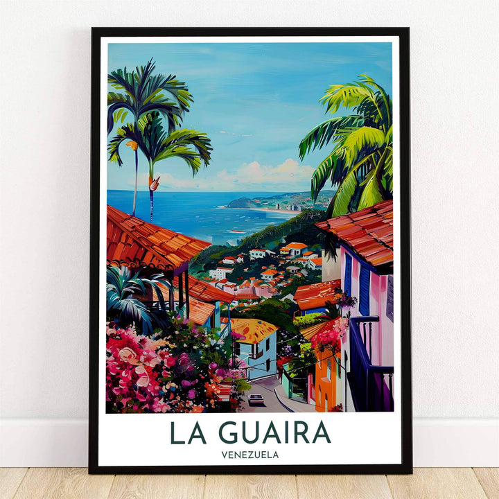 La Guaira Venezuela coastal poster print featuring a painterly view down a cobblestone street with terracotta roofs, palm trees, and the blue Caribbean Sea. Crafted by MapYourDreams, this design can be ordered as borderless archival paper, custom wooden frames, or gallery canvas wraps.