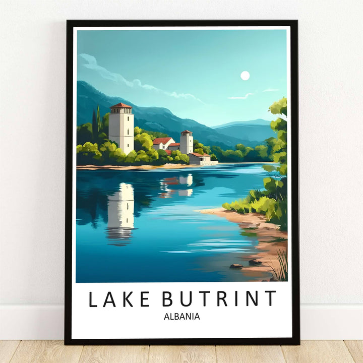 Calm turquoise lake waters reflect the historic stone Venetian Tower of Butrint, Albania, in this retro travel poster. Offered by MapYourDreams, this artwork is available in flexible options including unframed paper, custom wooden frames, and gallery canvas wraps.
