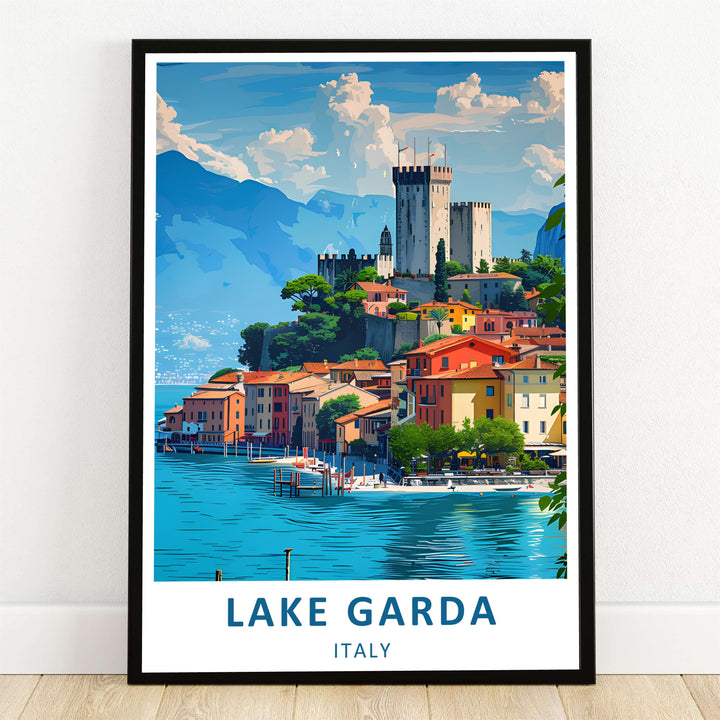A stunning view of Lake Garda in Italy featuring the historic stone walls of Malcesine Castle rising above colorful lakeside houses under a bright summer sky; expertly printed as a borderless canvas print, classic unframed paper print, or custom framed wall poster for your collection.