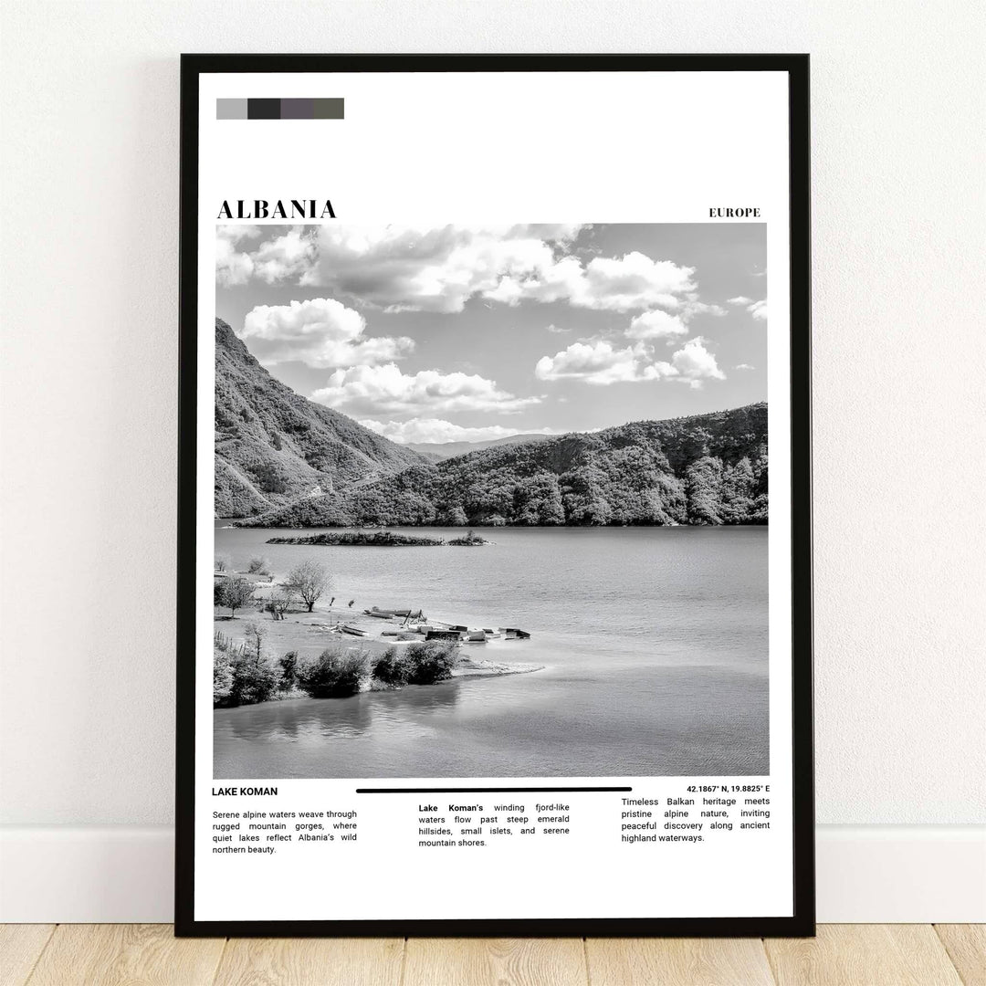 Monochromatic photography captures the steep forested gorges and calm alpine waters of Lake Koman, Albania, in this editorial-style wall poster. Offered by MapYourDreams, this artwork is available in flexible options including unframed paper, custom wooden frames, and gallery canvas wraps.