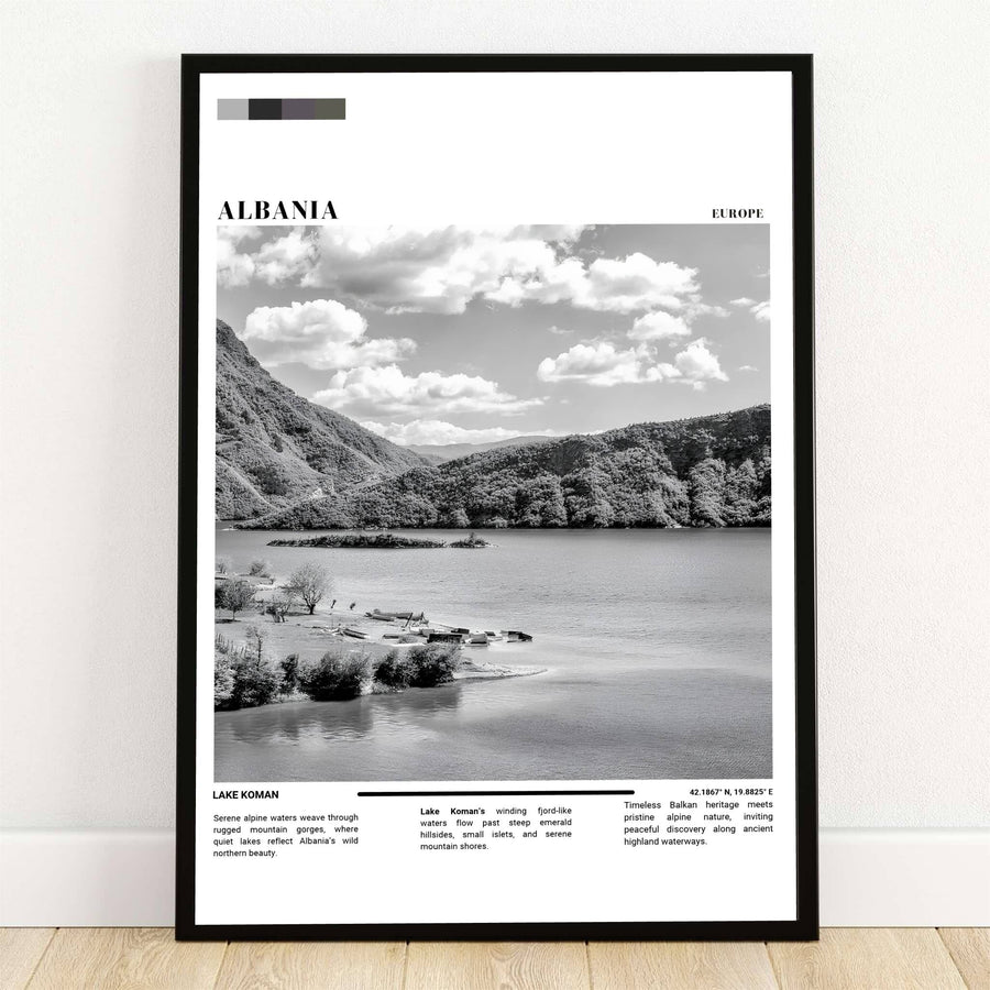 Monochromatic photography captures the steep forested gorges and calm alpine waters of Lake Koman, Albania, in this editorial-style wall poster. Offered by MapYourDreams, this artwork is available in flexible options including unframed paper, custom wooden frames, and gallery canvas wraps.