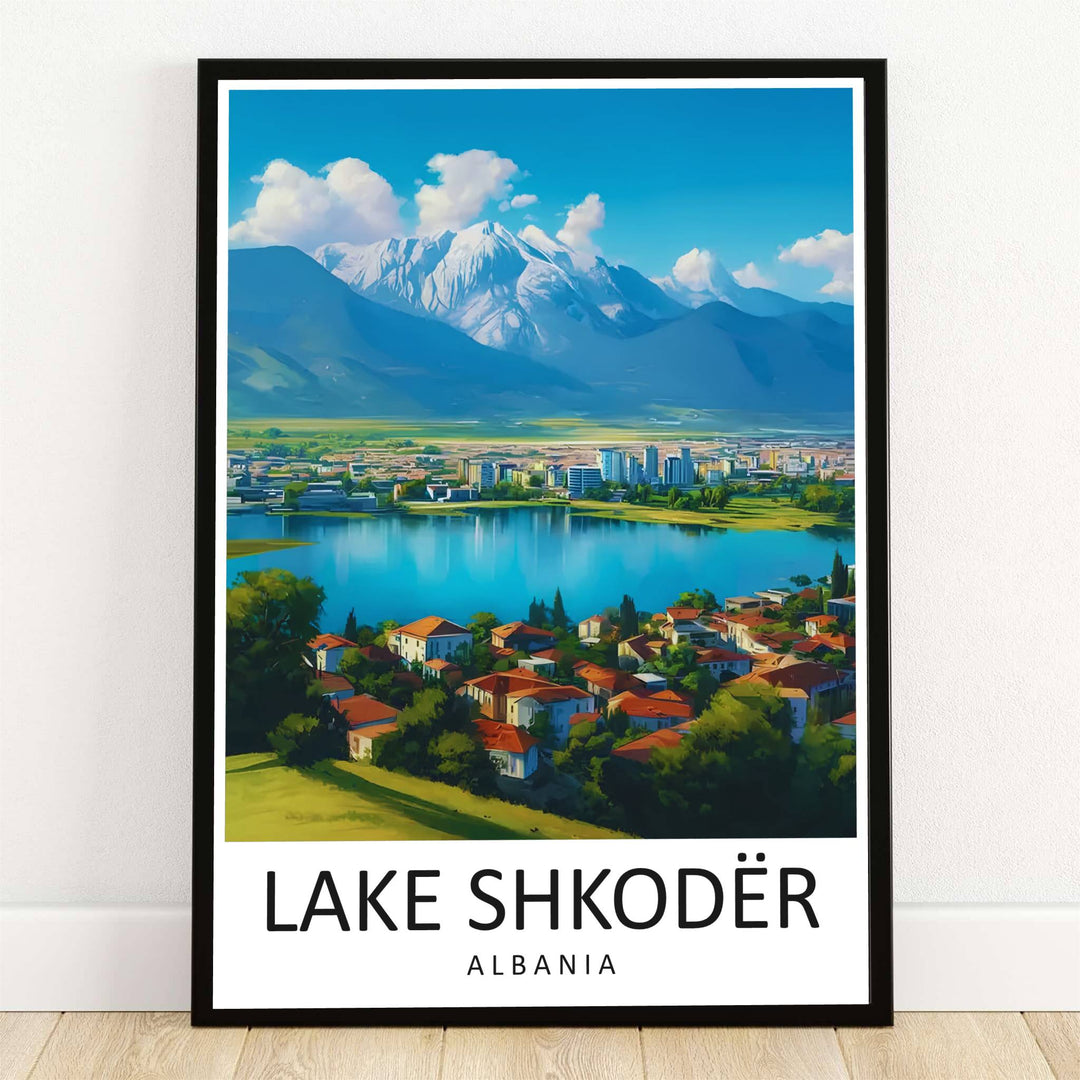 Snow-capped limestone peaks rise majestically behind the sprawling turquoise waters of Lake Shkodër, Albania, in this retro travel poster. Offered by MapYourDreams, this artwork is available in flexible options including unframed paper, custom wooden frames, and gallery canvas wraps.