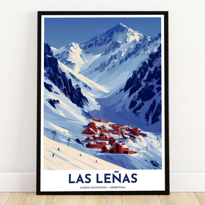 Las Lenas Ski Resort print featuring snowy Andes mountain slopes, skiers, chairlifts, and terracotta village chalets in Argentina. Crafted by MapYourDreams, this design can be ordered as borderless archival paper, custom wooden frames, or gallery canvas wraps.