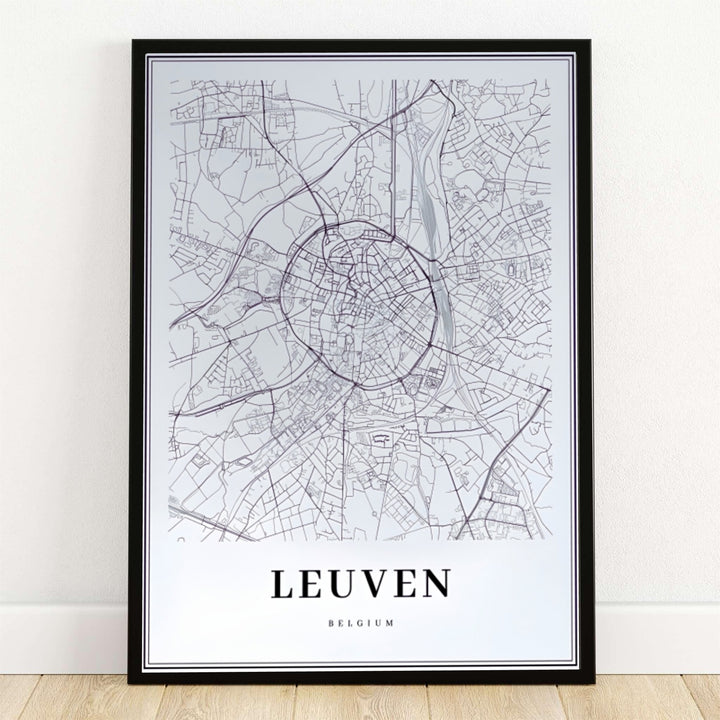 Minimalist black and white city map art print of Leuven, Belgium, showcasing radial street grids and ring roads. Offered by MapYourDreams, this artwork is available in flexible options including unframed paper, custom wooden frames, and gallery canvas wraps.