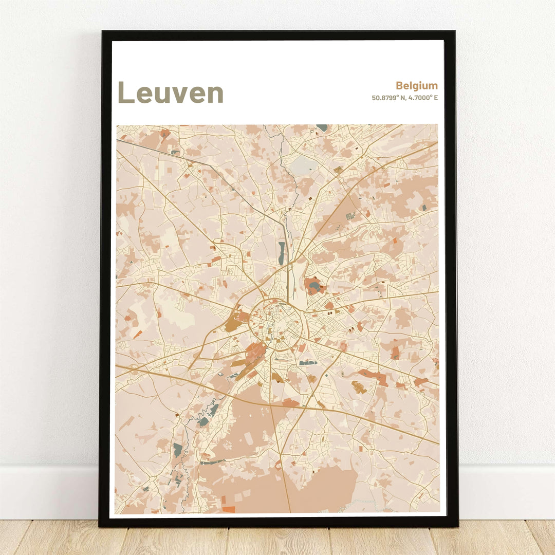 Warm beige and terracotta city map art print of Leuven, Belgium, showcasing street grids and ring roads. Offered by MapYourDreams, this artwork is available in flexible options including unframed paper, custom wooden frames, and gallery canvas wraps.
