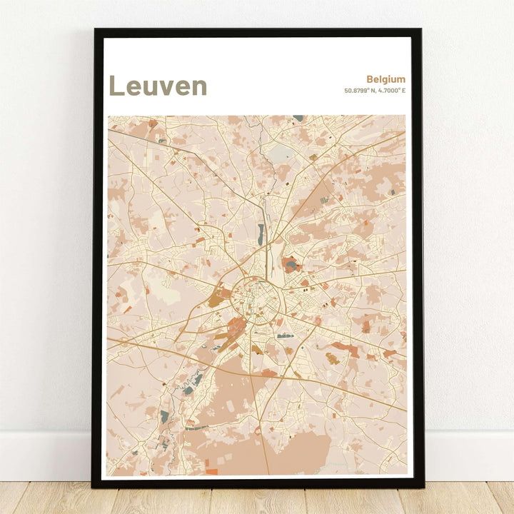 Warm beige and terracotta city map art print of Leuven, Belgium, showcasing street grids and ring roads. Offered by MapYourDreams, this artwork is available in flexible options including unframed paper, custom wooden frames, and gallery canvas wraps.