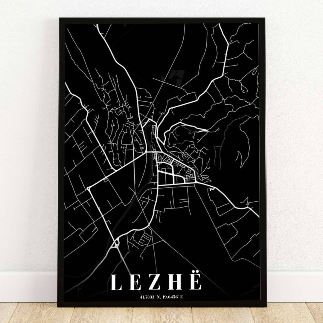 Minimalist white linework outlines the urban streets and winding riverways of Lezhë, Albania, set against a dramatic black background. Offered by MapYourDreams, this artwork is available in flexible options including unframed paper, custom wooden frames, and gallery canvas wraps.