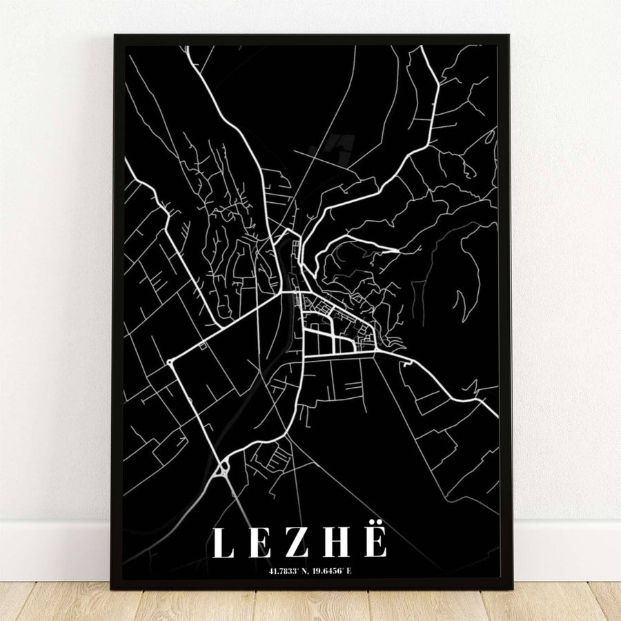 Minimalist white linework outlines the urban streets and winding riverways of Lezhë, Albania, set against a dramatic black background. Offered by MapYourDreams, this artwork is available in flexible options including unframed paper, custom wooden frames, and gallery canvas wraps.