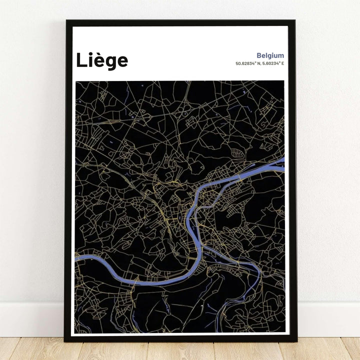 Dark mode gold and blue city map wall art poster print of Liège, Belgium, showcasing street grids and the Meuse River. Offered by MapYourDreams, this artwork is available in flexible options including unframed paper, custom wooden frames, and gallery canvas wraps.