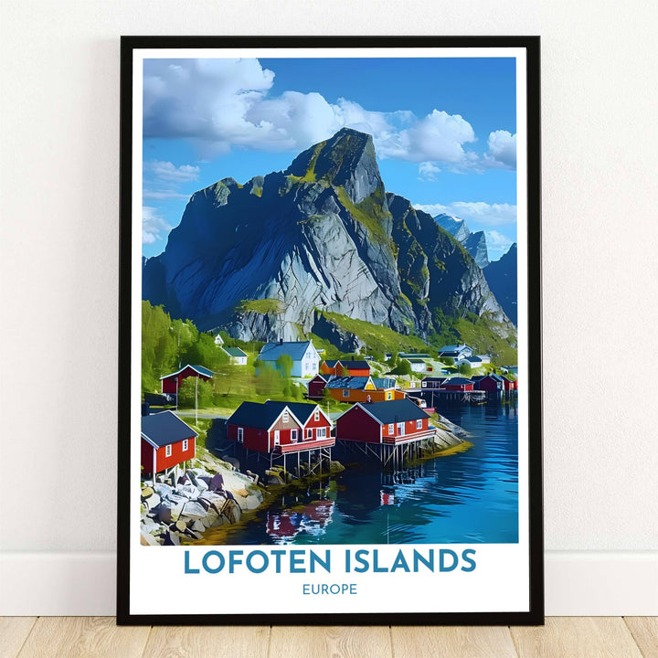 Fine art landscape print of Hamnoy fishing village in Lofoten Islands Norway featuring red rorbuer cabins on stilts under Mount Olstinden. Offered by MapYourDreams, this artwork is available in flexible options including unframed paper, custom wooden frames, and gallery canvas wraps for room decor.