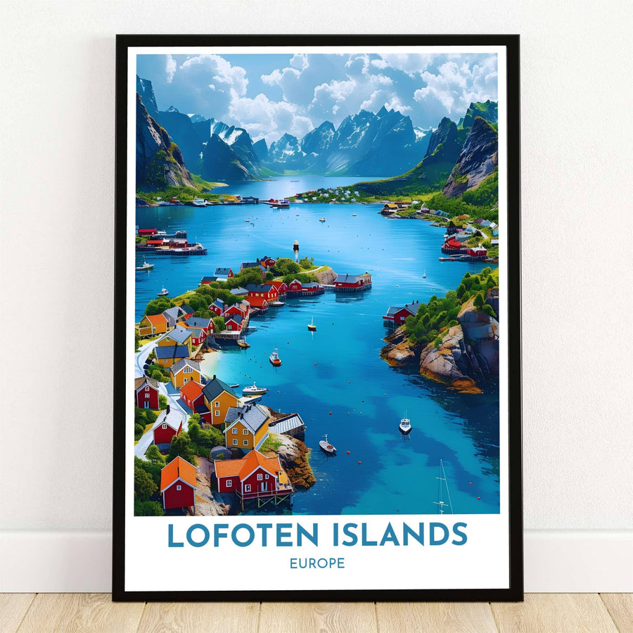 Vibrant panoramic travel art print of Henningsvaer fishing village in Lofoten Islands Norway showing red rorbuer cabins and turquoise fjords. Offered by MapYourDreams, this artwork is available in flexible options including unframed paper, custom wooden frames, and gallery canvas wraps for room decor.