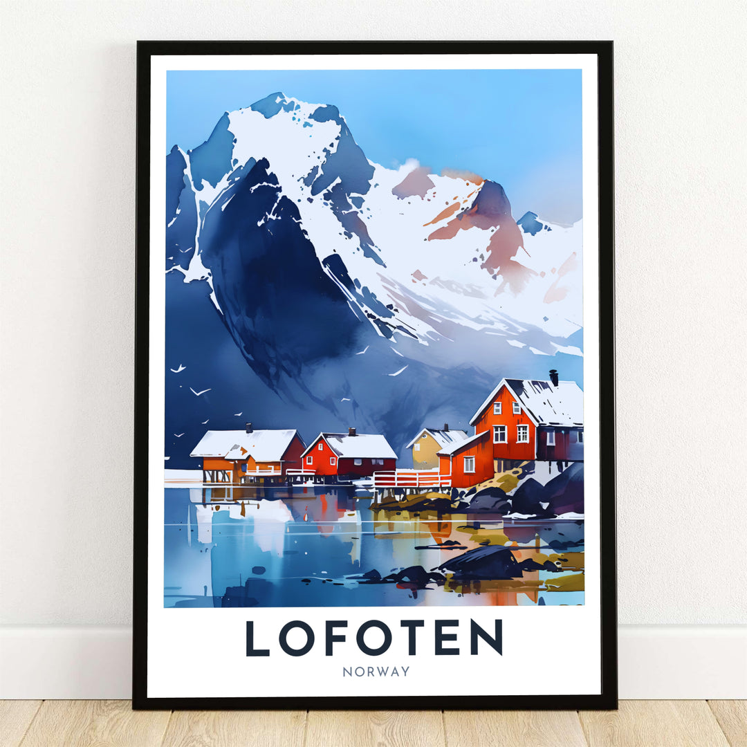 A painterly watercolor illustration depicting red rorbuer cabins nestled along the icy fjord shoreline of Lofoten Norway beneath a towering snow-dusted mountain summit. Designed to elevate modern home decor, this fine artwork is available as a framed print, gallery wrapped canvas, or unframed paper poster.