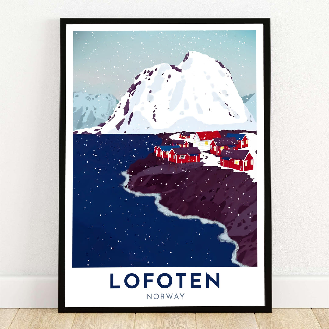 Vector illustration depicting a serene winter snowfall over Lofoten Norway with traditional red rorbuer cabins lining the dark fjord shoreline beneath a giant snow-dusted mountain. Designed to enhance home decor, this fine artwork is available as a framed print, gallery wrapped canvas, or unframed paper poster.