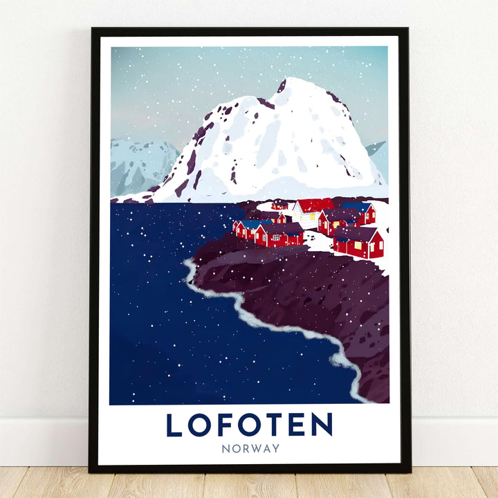 Vector illustration depicting a serene winter snowfall over Lofoten Norway with traditional red rorbuer cabins lining the dark fjord shoreline beneath a giant snow-dusted mountain. Designed to enhance home decor, this fine artwork is available as a framed print, gallery wrapped canvas, or unframed paper poster.