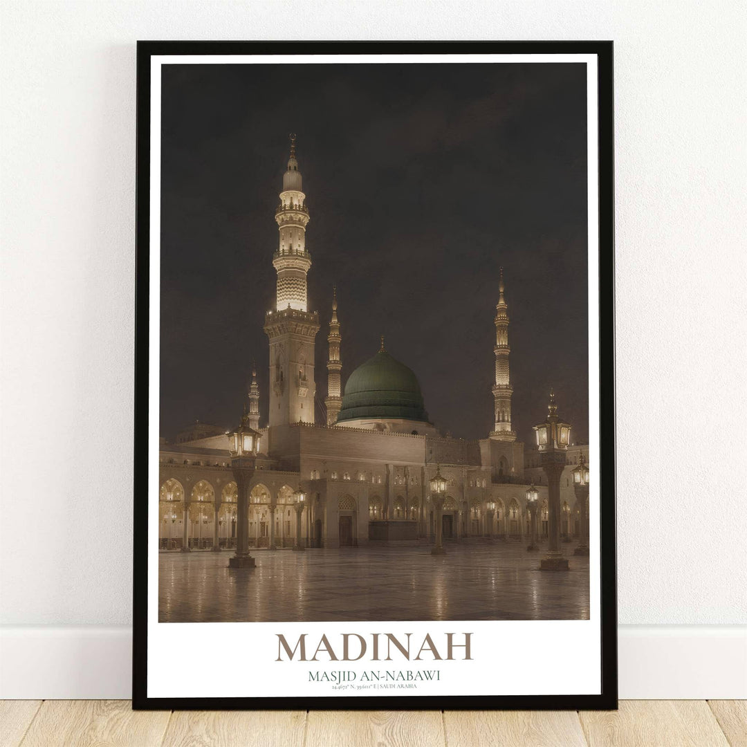 Serene night photography art print of Al Masjid an Nabawi in Madinah Saudi Arabia with glowing courtyard lanterns and Green Dome. Offered by MapYourDreams, this artwork is available in flexible options including unframed paper, custom wooden frames, and gallery canvas wraps for room decor.