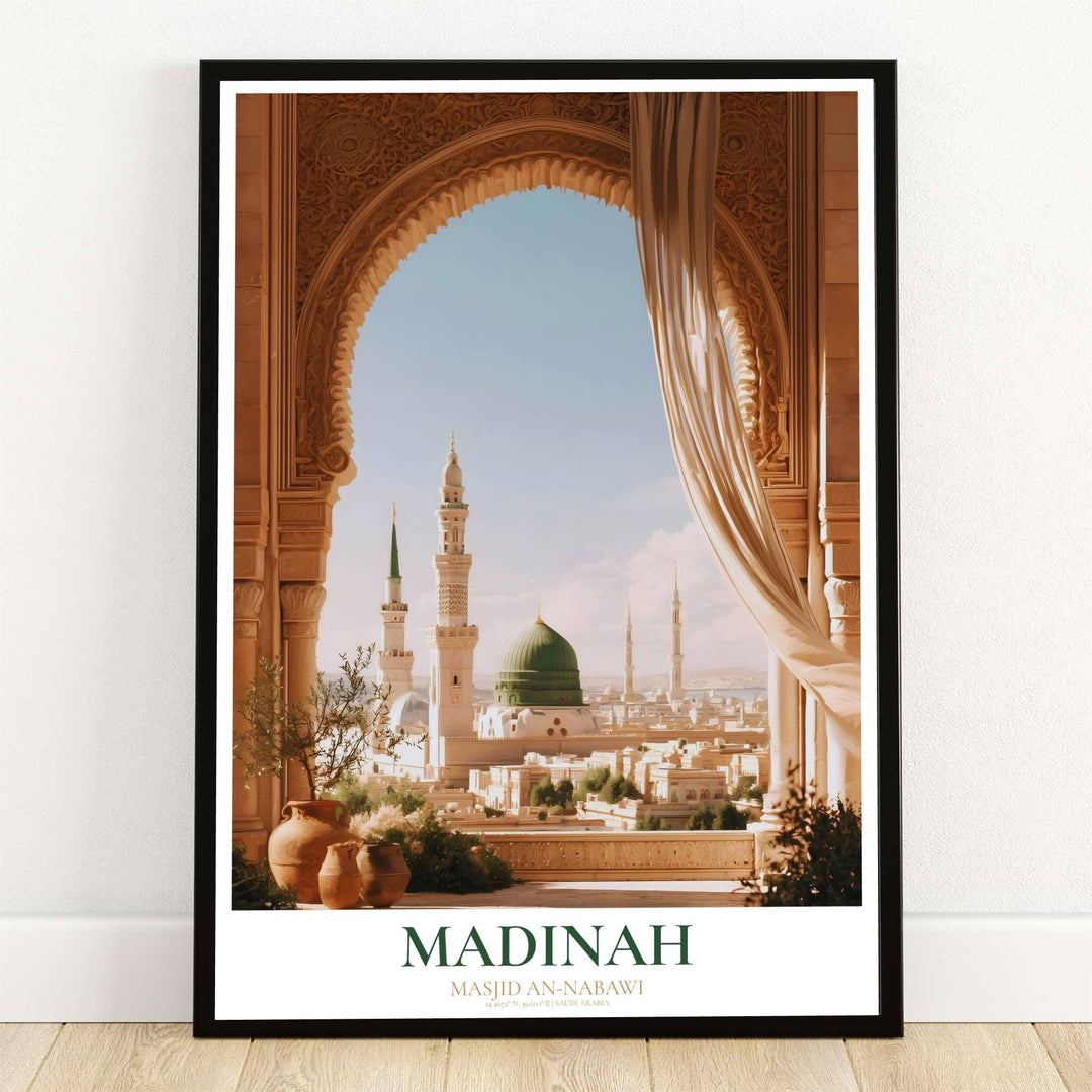Soft sunlit art print of Al Masjid an Nabawi in Madinah Saudi Arabia viewed through an intricately carved stone horseshoe arch. Offered by MapYourDreams, this artwork is available in flexible options including unframed paper, custom wooden frames, and gallery canvas wraps for room decor.