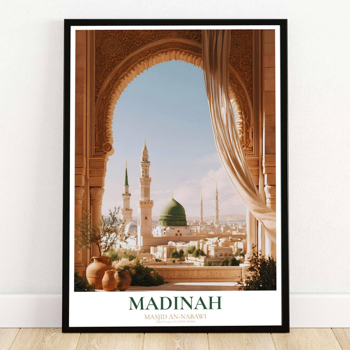 Soft sunlit art print of Al Masjid an Nabawi in Madinah Saudi Arabia viewed through an intricately carved stone horseshoe arch. Offered by MapYourDreams, this artwork is available in flexible options including unframed paper, custom wooden frames, and gallery canvas wraps for room decor.