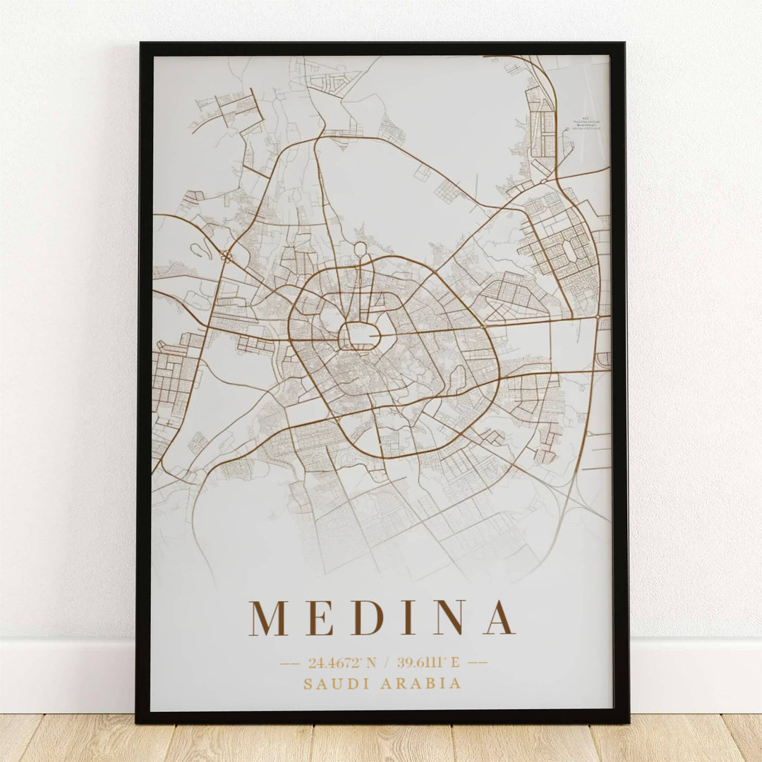 Modern minimalist cartographic art print of Medina Saudi Arabia featuring metallic bronze and gold city street lines on an alabaster background. Offered by MapYourDreams, this artwork is available in flexible options including unframed paper, custom wooden frames, and gallery canvas wraps for room decor.