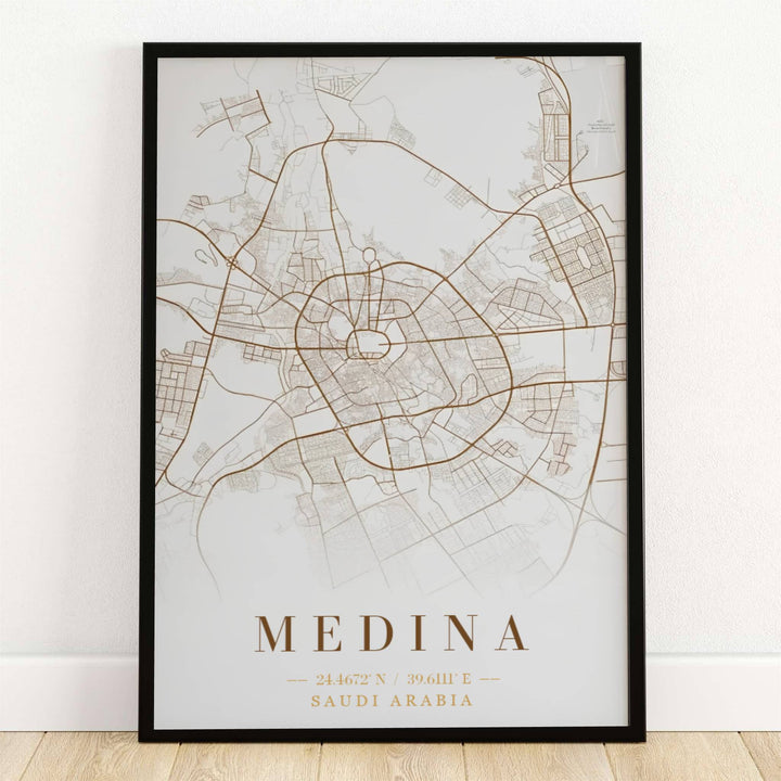 Modern minimalist cartographic art print of Medina Saudi Arabia featuring metallic bronze and gold city street lines on an alabaster background. Offered by MapYourDreams, this artwork is available in flexible options including unframed paper, custom wooden frames, and gallery canvas wraps for room decor.