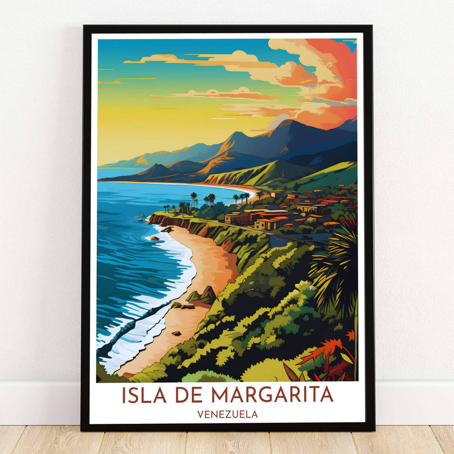 Margarita Island Venezuela poster featuring a retro vector sunset illustration of golden beaches, blue ocean waves, and coastal mountains. Crafted by MapYourDreams, this design can be ordered as borderless archival paper, custom wooden frames, or gallery canvas wraps.