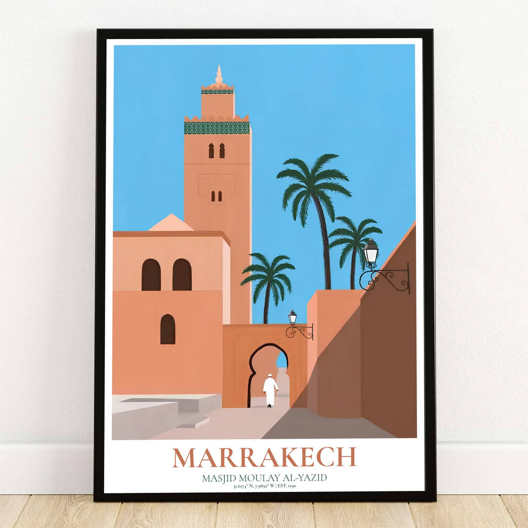 Minimalist graphic art print of Marrakech Kasbah Mosque in Morocco showing terracotta walls, square minaret, and palm trees under a blue sky. Offered by MapYourDreams, this artwork is available in flexible options including unframed paper, custom wooden frames, and gallery canvas wraps for room decor.