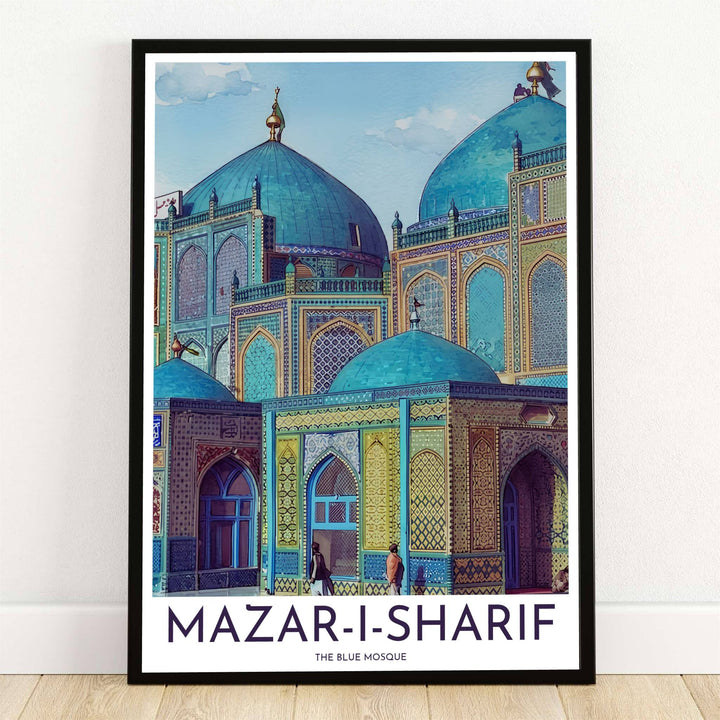Vibrant fine art painting print of the Blue Mosque Shrine of Ali in Mazar-i-Sharif Afghanistan showcasing turquoise domes and intricate mosaic arches. Offered by MapYourDreams, this artwork is available in flexible options including unframed paper, custom wooden frames, and gallery canvas wraps for room decor.