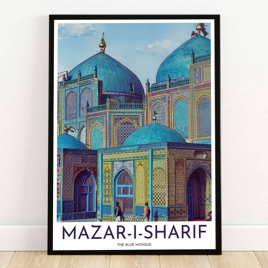 Vibrant fine art painting print of the Blue Mosque Shrine of Ali in Mazar-i-Sharif Afghanistan showcasing turquoise domes and intricate mosaic arches. Offered by MapYourDreams, this artwork is available in flexible options including unframed paper, custom wooden frames, and gallery canvas wraps for room decor.