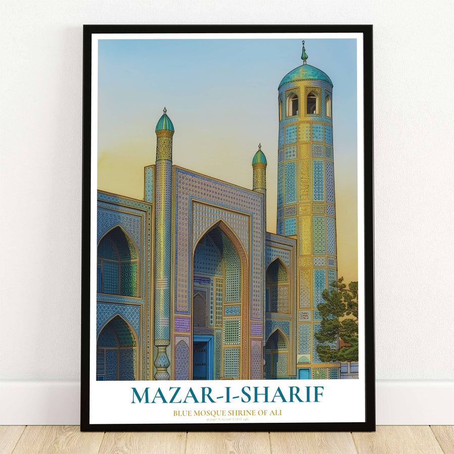 Detailed architectural art print of the Blue Mosque Shrine of Ali in Mazar-i-Sharif Afghanistan with turquoise mosaic tilework and golden sky. Offered by MapYourDreams, this artwork is available in flexible options including unframed paper, custom wooden frames, and gallery canvas wraps for room decor.