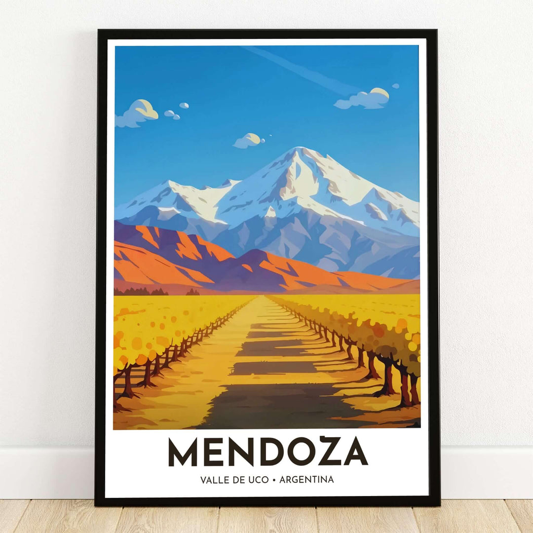 Mendoza Argentina vineyard poster print featuring a sunlit grapevine pathway leading to snow-capped Andes mountains in Valle de Uco. Crafted by MapYourDreams, this design can be ordered as borderless archival paper, custom wooden frames, or gallery canvas wraps.