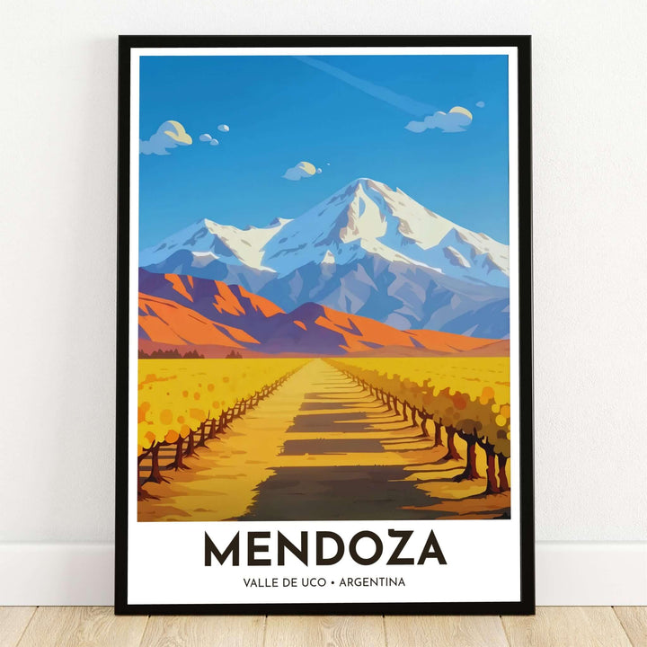 Mendoza Argentina vineyard poster print featuring a sunlit grapevine pathway leading to snow-capped Andes mountains in Valle de Uco. Crafted by MapYourDreams, this design can be ordered as borderless archival paper, custom wooden frames, or gallery canvas wraps.