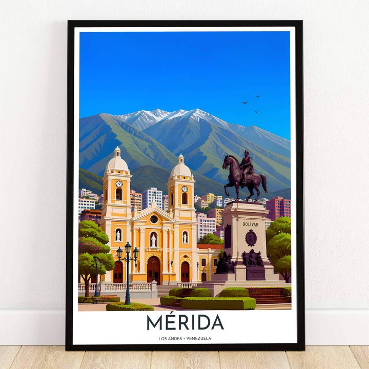 Merida Andes Cityscape artwork featuring the yellow cathedral, Plaza Bolívar statue, and snow-capped Sierra Nevada mountains in Venezuela. Crafted by MapYourDreams, this design can be ordered as borderless archival paper, custom wooden frames, or gallery canvas wraps.