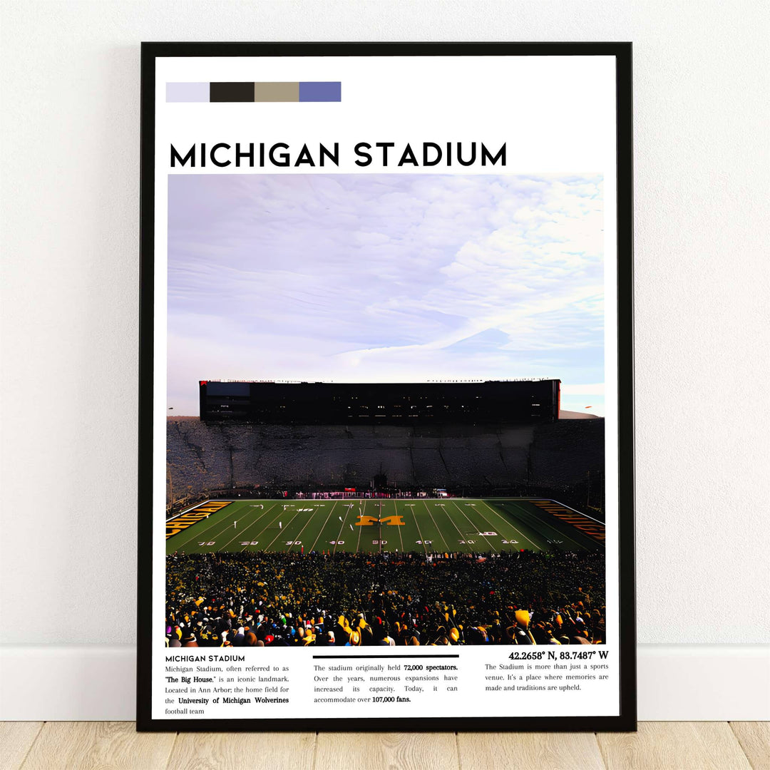 Exhibition style art print of Michigan Stadium in Ann Arbor featuring field view, color swatches, and coordinates text. Offered by MapYourDreams, this artwork is available in flexible options including unframed paper, custom wooden frames, and gallery canvas wraps for room decor.